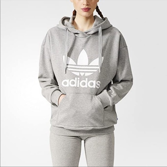 adidas Trefoil Logo Heather Gray Pullover Hoodie - Picture 14 of 14